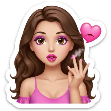 girl with long wavy brown hair, brown eyes, long lashes makeup, sexy pink lips, light to medium complexion, wearing a pink sexy top, blowing a kiss sticker