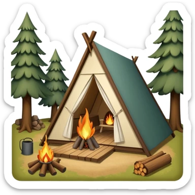 A-Frame house in a glamping setting, with trees and a campfire sticker