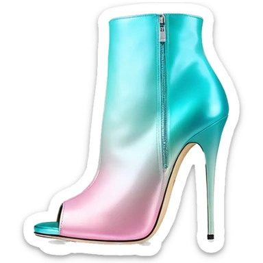 Realistic isolated top front view of a pair of metalliic tiffany blue to pastel pink ombre Jimmy Choo peep toe stiletto ankle booties. sticker