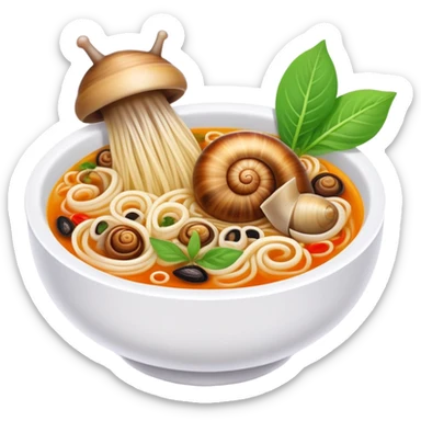 Liuzhou Snail Rice Noodles spicy soup with river snails, simplified emoji style with bold outlines and bright colors, cartoon style Guangxi specialty food sticker