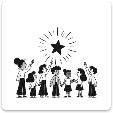 hand-drawn warm illustration of a teacher as a guiding North Star, radiating gentle light and surrounded by people looking up for guidance sticker