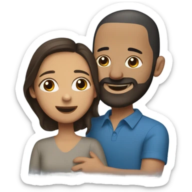 Brunette Puerto Rican with dark brown eyes wearing a cute blue blouse giving comforting hug to short, bald man with brown eyes, laugh lines, and a beard sticker
