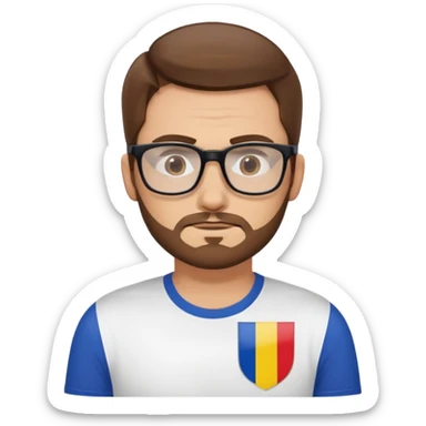 A brown-haired white man with a designer stubble beard and rectangle glasses. He shrugs. In the background the Romania flag. sticker