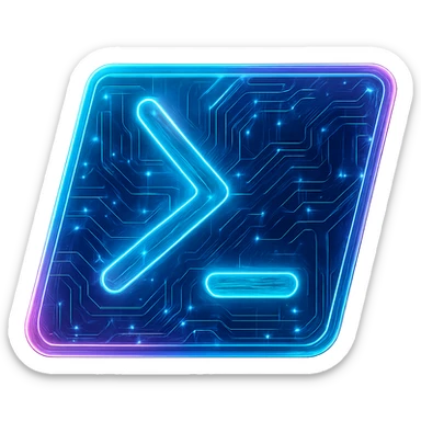 Transform the Windows Powershell icon into a cyberpunk, holographic style with glowing neon blue and pink edges, circuit patterns throughout the entire icon, and a transparent background. Maintain the recognizable slanted rectangle and >_ symbol, overlaying neon and circuit effects in the same futuristic, clean style as previous cyberpunk icons. The whole icon should have a consistent cyberpunk glow and intricate circuit details in a futuristic, clean style. sticker
