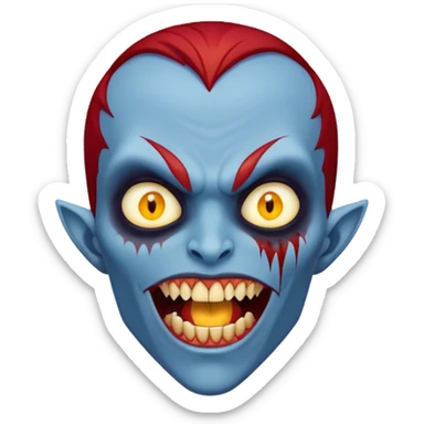 blue skinned person with red hair yellow eyes and big vampire fangs sticker