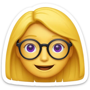 un emojis amarillo, con el cabello negro corto lacio,   con lentes violeta y una sonrisa sticker