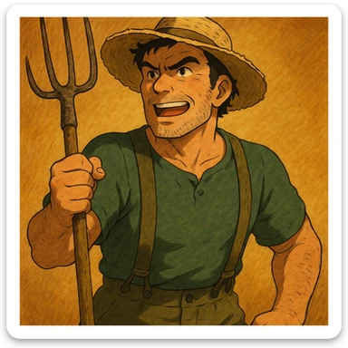 highly detailed illustration of a robust middle-aged farmer with sun-bleached face, black hair, strong jaw, furrowed brow, three-day beard, green trousers with suspenders, green T-shirt, straw hat, clutching rustic pitchfork, determined and excited, warm golden-brown textured background, bold lines, vibrant earth tones, dramatic lighting, rural America sticker