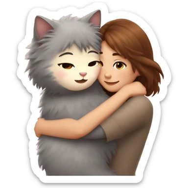 Fluffy grey cat hugging brown hair girl sticker