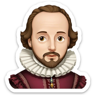 Cinematic Realistic portrait of William Shakespeare, depicted as an iconic playwright in richly detailed Elizabethan attire with a ruffled collar, expressive eyes, and a thoughtful gaze, bathed in dramatic historical lighting that evokes the Bard’s timeless legacy sticker