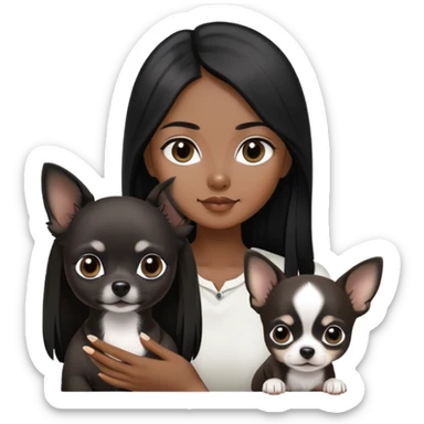 Thai woman with long straight black hair next to a small black and white Chihuahua puppy sticker