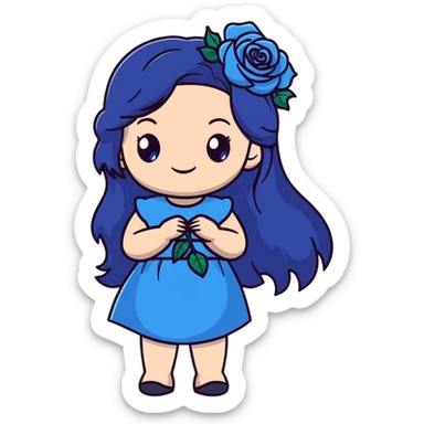 anime style girl with long dark blue hair, blue rose hair accessory, bright blue eyes, black dress, friendly smile sticker