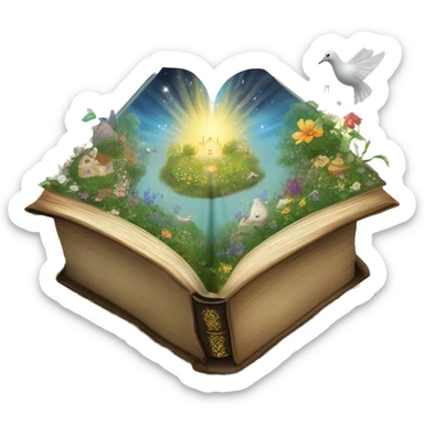 Holy Bible with a magical garden with fairies, doves, whimsical garden coming out from it  sticker