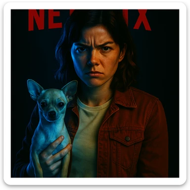 Add a blue luminous effect on the left side of the face and the chihuahua, in the style of a Netflix series poster, maintaining the dark ambiance. sticker