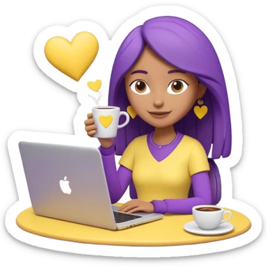 3D clay character relaxed with laptop and coffee, floating icons (envelope, heart, dollar), purple (#8B5CF6) outfit, bright yellow (#FBBF24) icons, white laptop, Pixar style, transparent background sticker