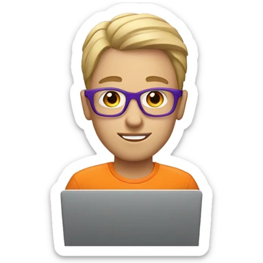 A white geek on a laptop in an orange and purple shirt sticker