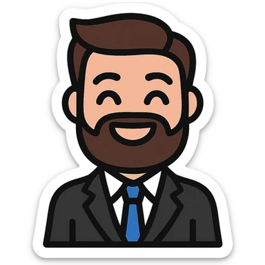 Create a simplified, vector-style Twitch emoji version of the person in the photo. Focus on the face and upper torso, dressed in a suit, with a happy, smiling expression. Background should be transparent and the style should be clean and minimalistic, suitable for Twitch emoji use. sticker