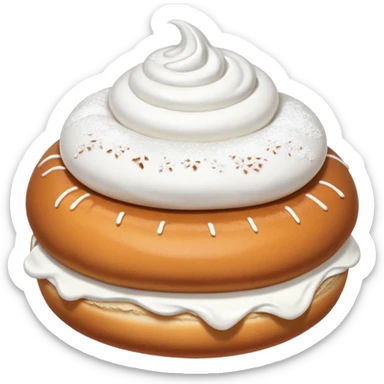A bun with visible whipped cream in the middle beteween two bun halves and powdered sugar on top sticker