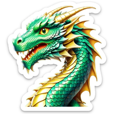 cinematic-noble-dragon-portrait-emoji,-poised-and-majestic,-with-a-sinuous,-elongated-body-covered-in-intricately-detailed,-shimmering-scales-in-hues-of-emerald-and-gold,-and-piercing,-fiery-eyes-that-reflect-ancient-wisdom; sticker