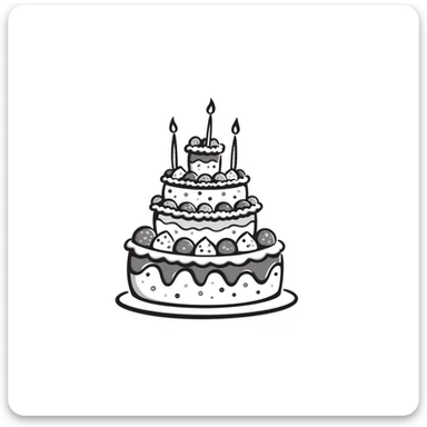 Decorated cake with multiple layers, frosting, and decorative elements. Using specific pastel colors (dd9fb0, ffc6d3, a3bfc9, c4bee2, f1b091). Hand-drawn doodle style with intricate details of icing, sprinkles, and possibly candles or berries. Transparent background. sticker
