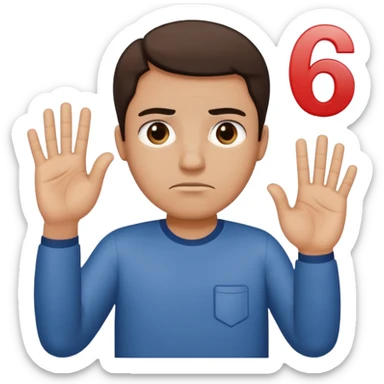 man frowning holding up numbers 6 in left hand and 7 in right hand sticker