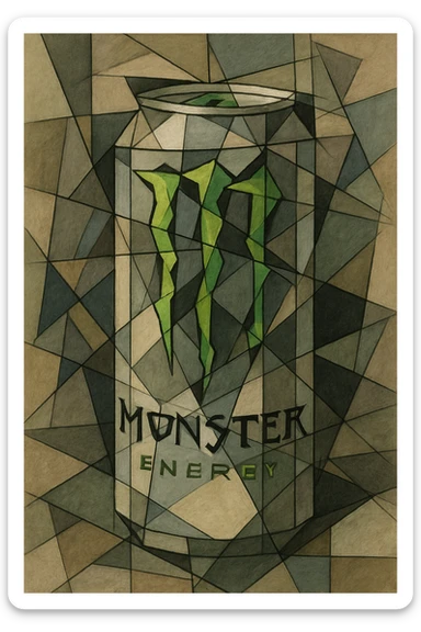monster energy drink can, cubist abstraction style, geometric shapes, abstract composition sticker