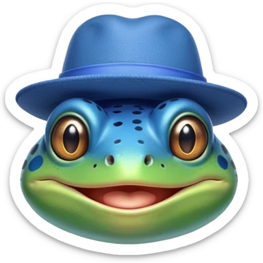 frog blinking and smiling while wearing a blue hat sticker