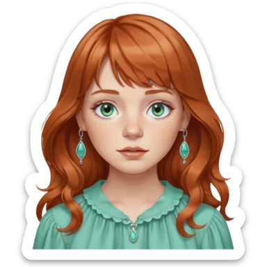 Woman with light auburn wavy hair and curtain bangs, freckled fair skin, blue-green eyes, rosy lips, septum ring, soft natural makeup, delicate silver jewelry, relaxed expression. sticker