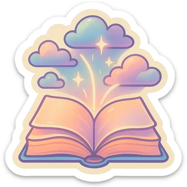 open book with clouds and glowing lines, retro stickers style, pastel palette #98B5BC, #B5B3C1, #C9A3C9, #E4C0CA, #F7DCD1, #F7C0AA, detailed shadows and highlights, soft lighting, transparent background, no decorative elements sticker