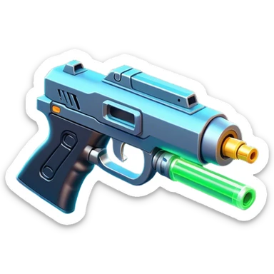 Clash of Clans aesthetic: Cinematic Playful 3D Isometric Laser Gun Emoji, rendered in a 3D vector-style similar to standard emojis with minimal shading and bold, simplified shapes. A compact, distinct form with signature details, softly glowing with a futuristic sci-fi warfare charm. Simplified yet unmistakably iconic, highly detailed and consistent, glowing with a soft radiance and high shine. Stylized with a touch of high-tech brilliance and a soft glowing outline, capturing the essence of a beloved gaming relic with a friendly, playful manner! sticker