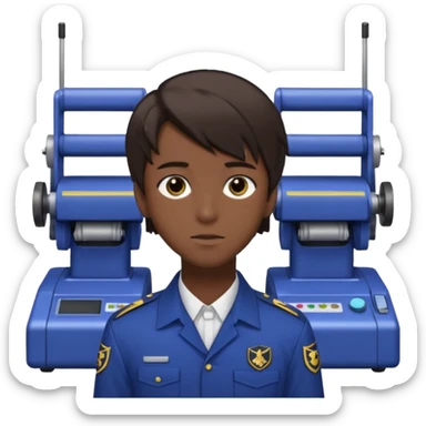 A 20-year-old man with dark brown hair, anime style, dark brown eyes, his hair on the right side is normal and straight, while the left side extends sideways. He is wearing a collared uniform. The background is filled with machines. sticker