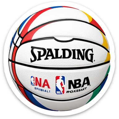 white Spalding basketball with NBA logo, featuring colorful lines on the surface sticker