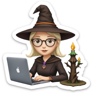 A female video editor wearing glasses, dressed like a witch with a pointed hat, sitting at a laptop editing a video, cinematic lighting, cozy creative studio, professional look, high quality, realistic sticker