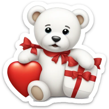 white teddy with a red heart and a red bow around his neck sticker