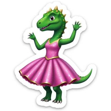 dino in a pink sparkly dress, dancing sticker