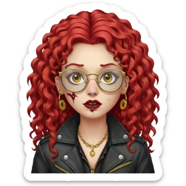 nonchalant zombie with long red curly hair, thick lashes, black square glasses, gold nose piercings on each side of her nose, and a gold eyebrow piercing. sticker