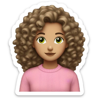 Caucasian brunette girl with curly hair and green eyes and a pink sweater sticker