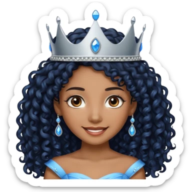 Por favor hazme el emoji de la princesa pero morena con el pelo negro y rizado y largo, los ojos marrones y la corona plateada con jollas azules sticker