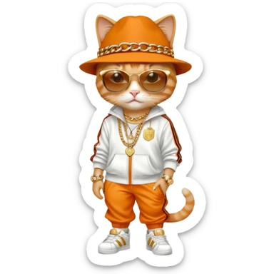 female cat dressed like Run DMC with tracksuit, fedora, Adidas shoes, dark sunglasses, lots of gold chains, rings, bracelets, earrings, upright sticker
