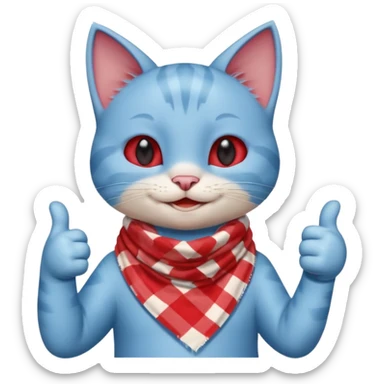 A Baby Blue Cat smiling and giving thumbs up, wearing red Checkered Triangle scarf sticker