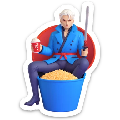 Vergil from Devil May Cry sitting in a KFC bucket, blue coat, white hair, katana sticker