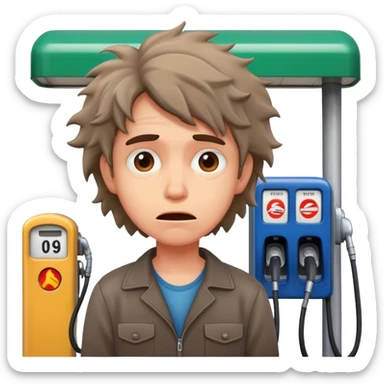 Disheveled person with anxious expression at a gas station pump sticker