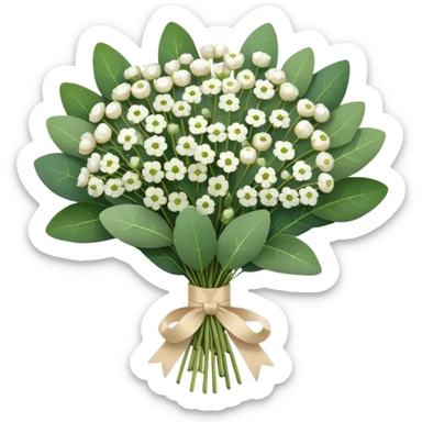 bouquet of eucalyptus and gypsophila flowers with beige ribbon sticker