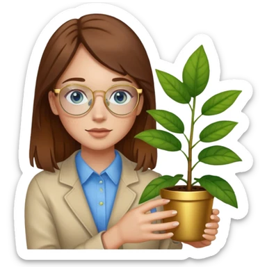 Girl with light skin, brown hair, blue eyes, freckles, and gold glasses holding plant sticker