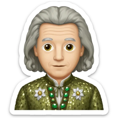 Johann Konrad Dippel (1673-1734) with gray hair, olive sequin outfit sticker