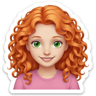smiling pale girl with long curly orange hair, green eyes, pink shirt sticker