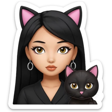 asian tanned beauty standard, black hair, pretty bratz baddie, black eyeliner and black cat sticker