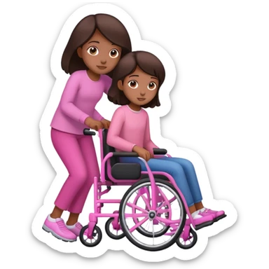 One dark brown sister pushing her brown sister in a pink wheelchair sticker