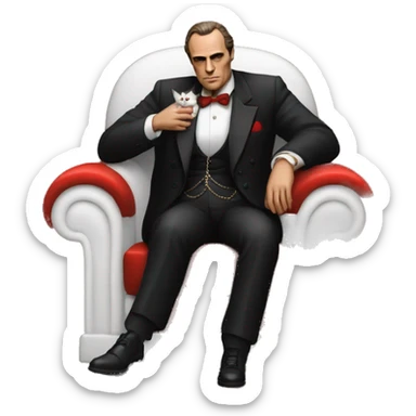don corleone as a mafia boss sitting on a red chair petting a white cat on his lap sticker