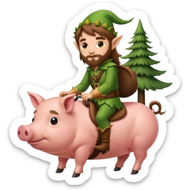 tiny forest elf man long brown hair beard riding pig sticker