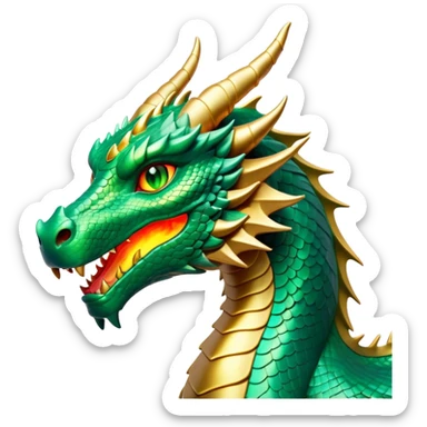 Cinematic Noble Dragon Portrait Emoji, Poised and majestic, with a sinuous, elongated build and shimmering, scale-covered skin in hues of emerald and gold, piercing, fiery eyes, Simplified yet sharp and sophisticated features, highly detailed, glowing with a mystical, radiant glow, high shine, intelligent and formidable, stylized with an air of ancient power, focused and attentive, soft glowing outline, capturing the essence of a watchful and legendary dragon that feels as though it could soar out of the screen with effortless authority! sticker